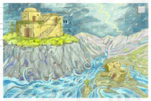 Illustration of two buildings. One on a hill and standing. One on sand and falling apart.