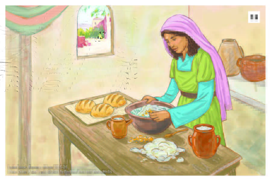 A woman stands at a table working some dough and yeast.