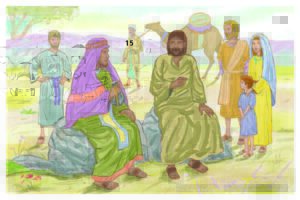 A man sits on a rock next to Jesus.