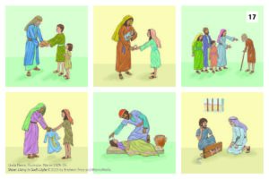 Six small illustrated scenes show biblical-era people caring for one another: a man giving bread to two children, a woman sharing food while holding a baby, a family welcoming an elderly man with a walking stick, a woman giving clothes to a child, a caregiver tending to a sick person lying on a mat, and two people sitting together beside an open chest in a simple room. The scenes emphasize kindness, sharing, and helping those in need.