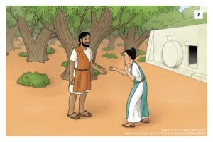 Jesus standing in front of Mary who is overjoyed.