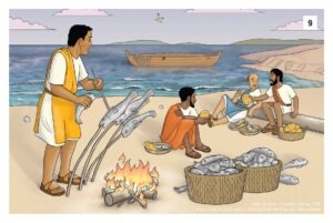 Three men preparing a meal by the sea shore with Jesus